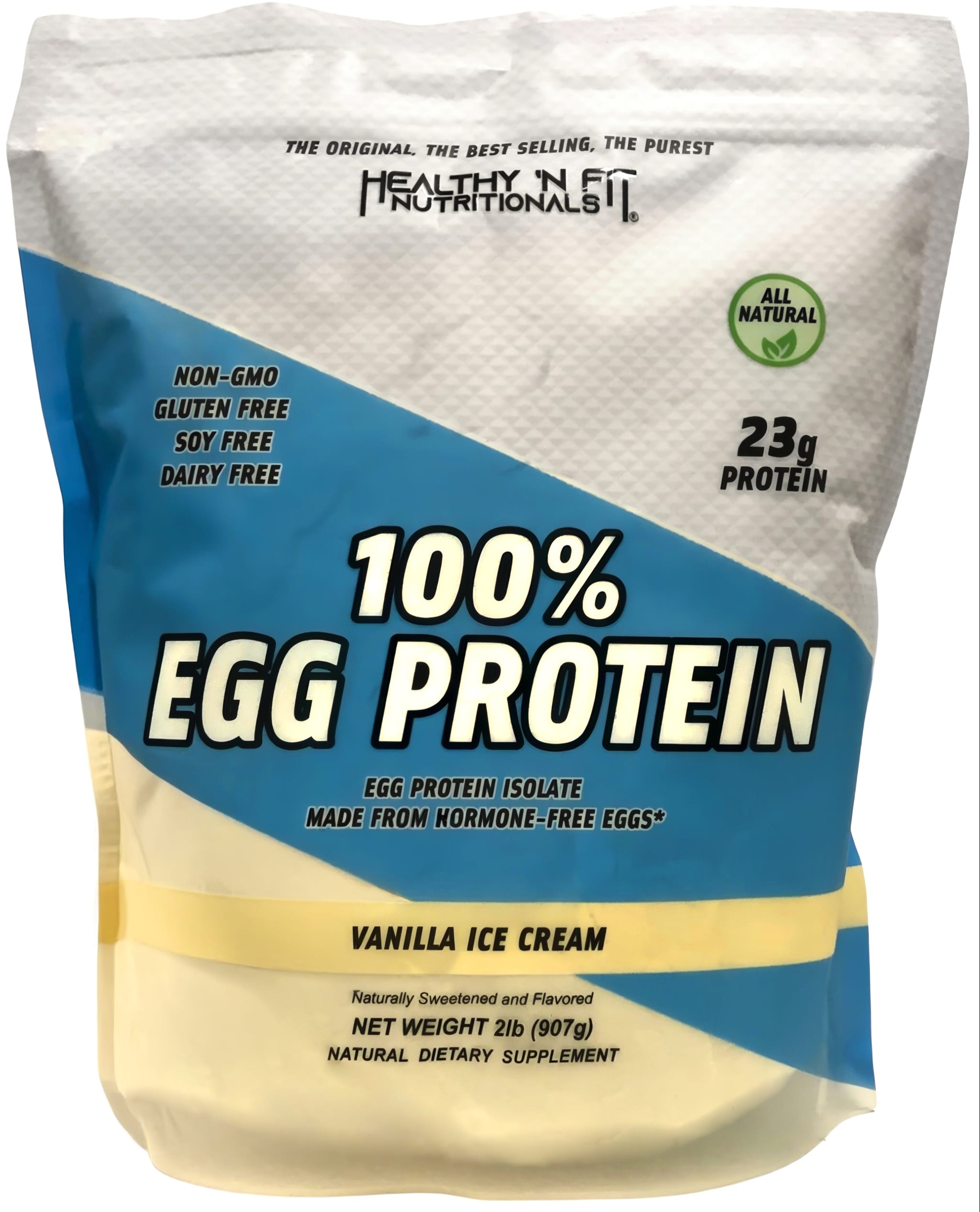 2lb bag of 100% Egg Protein Vanilla Ice Cream powder in 907g size, highlighting nutritional value and vanilla flavor for protein needs.