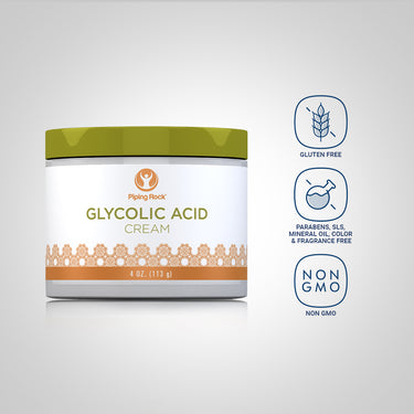 Glycolic Acid Cream bottle with icons indicating Gluten Free, Parabens, SLS, Mineral Oil, Color & Fragrance Free, Non-GMO.
