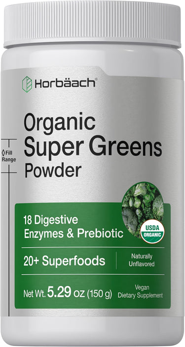 Organic Super Greens Powder, 5.29 oz (150 g). Contains 18 enzymes, prebiotics, and 20+ superfoods. Unflavored, vegan, USDA organic.