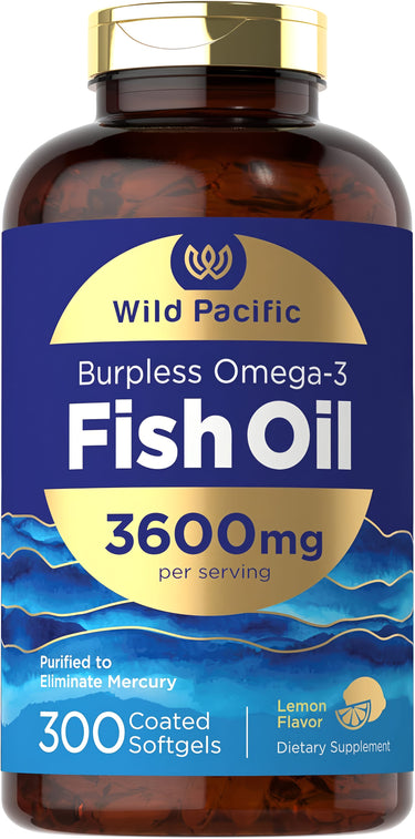 3600mg Burpless Omega-3 Fish Oil per serving with 300 lemon-flavored, mercury-free coated softgels.