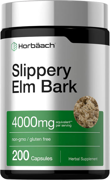 Slippery Elm Bark capsules providing 4000mg per serving, 200 count.