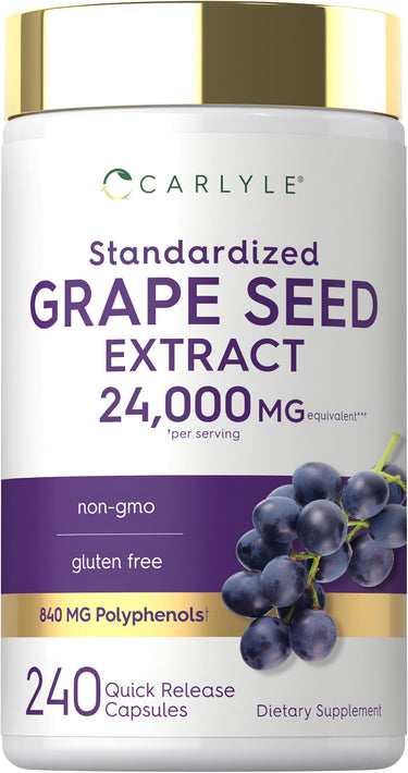 Grape Seed Extract supplement, 24,000 MG equivalent per serving, with 240 quick-release capsules.