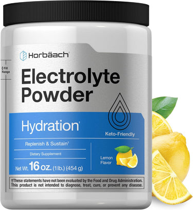 Horbäach Electrolyte Powder in lemon flavor, 16 oz jar, keto-friendly for hydration.