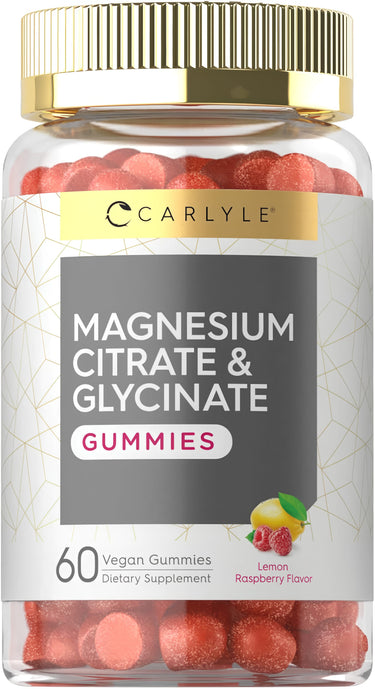 Carlyle Magnesium Citrate & Glycinate Gummies in Lemon Raspberry flavor, 60 vegan gummies, dietary supplement package.