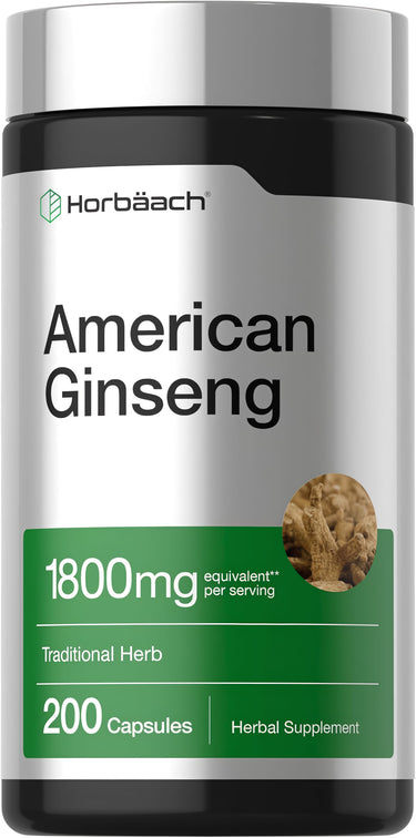American Ginseng 1800 mg per serving, 200 capsules, herbal dietary supplement bottle.