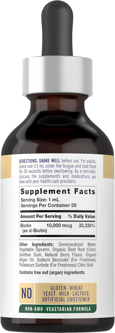 The Supplement Facts panel for Biotin 10mg/mL Liquid 2 Fl oz is shown.