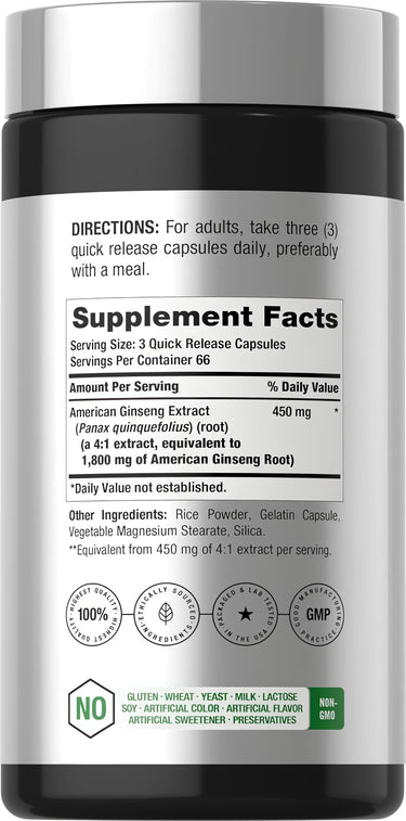 American Ginseng 1800 mg 200 Capsules Supplement Facts panel displayed.