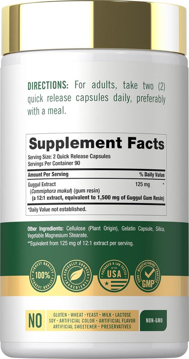 Bottle of Guggul Extract 1500 mg with 180 quick release capsules.