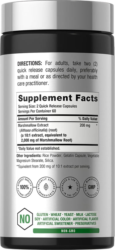 Supplement Facts panel for Marshmallow 2000 mg in 120 capsules, showing detailed nutrient information and recommended servings.