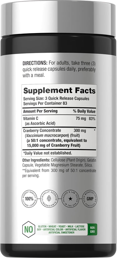 Supplement Facts panel for Horbaach Cranberry 15000mg, 250 Capsules, detailing the nutritional content.