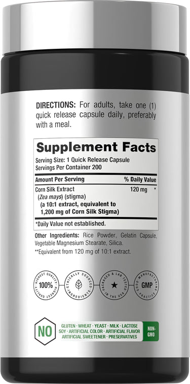 Supplement Facts panel showing details for Corn Silk 1200 mg, 200 Capsules.