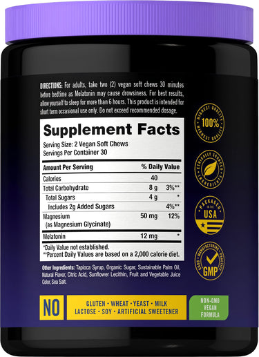 Supplement Facts panel for CL Carlyle Melatonin with Magnesium 60 Chews.