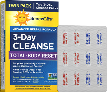 RenewLife 3-Day Cleanse Total-Body Reset Twin Pack with two 3-Day Cleanse Packs, 48 vegan capsules, in blister packs.
