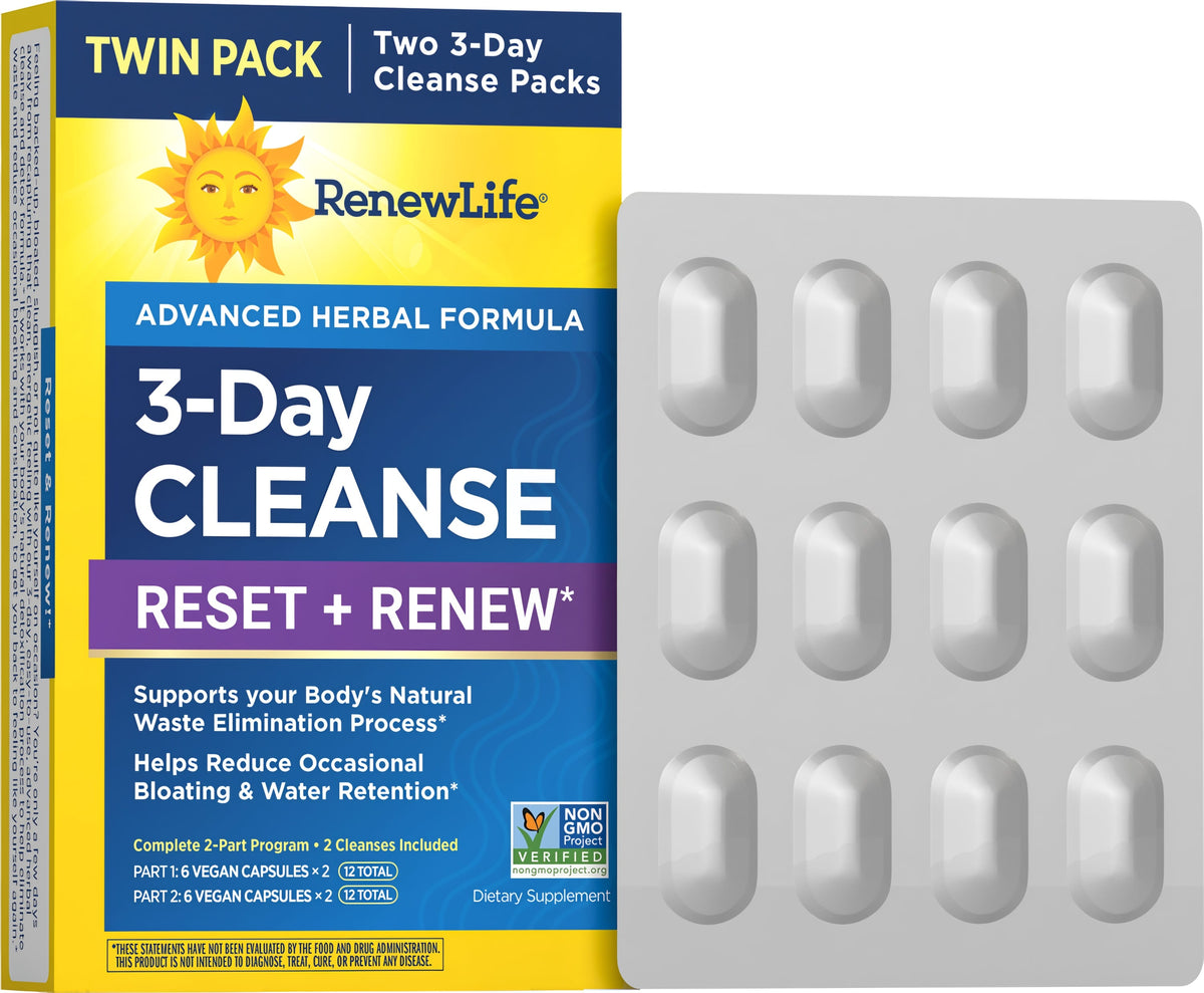 RenewLife 3-Day Cleanse Total-Body Reset Twin Pack with two 3-Day Cleanse Packs, 48 vegan capsules, in blister packs.