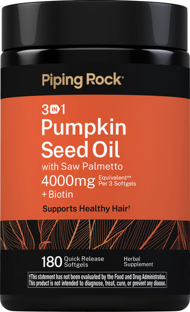 3 in 1 Pumpkin Seed Oil with Saw Palmetto + Biotin, 4000 mg (per serving), 180 Quick Release Softgels