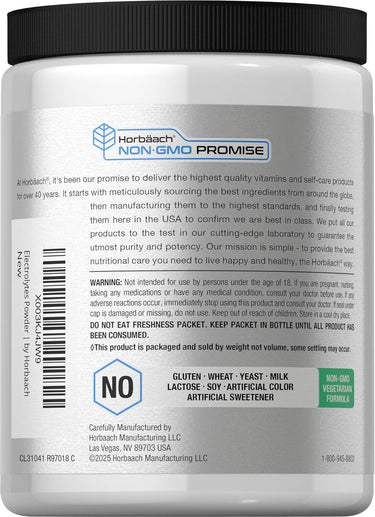 Horbaach Electrolytes Hydration Powder, 16 oz, packaging shown. Ideal supplement for hydration and electrolyte replenishment.