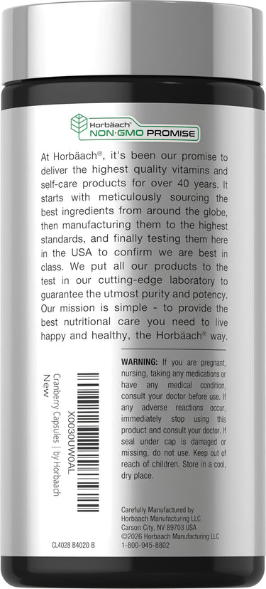 Horbaach New Cranberry Capsules 15000mg 250 count, featuring NON-GMO PROMISE label on the bottle.