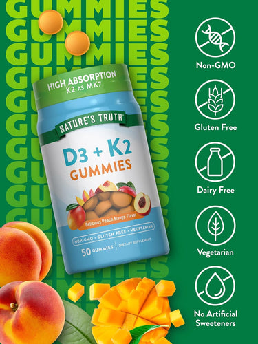 Vitamin D3 + K2 Complex (Peach Mango), 50 Gummies
