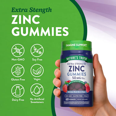 Zinc Gummies bottle with icons indicating: Non-GMO, Soy Free, Gluten Free, Vegan, Dairy Free, No Artificial Sweeteners.