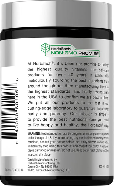 Bottle of CL Slippery Elm Bark 4000 mg Capsules with Horbäach® NON-GMO PROMISE logo and brand quality statement.