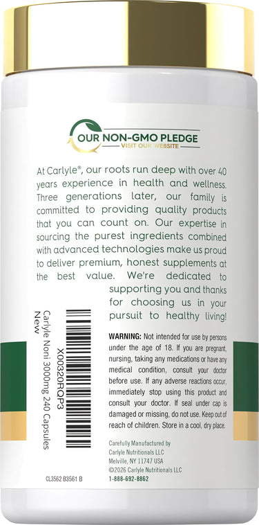 Carlyle Noni 3000mg supplement bottle with 240 capsules for health support.