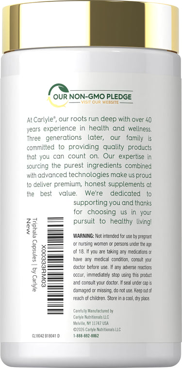 Carlyle Triphala supplement bottle containing 180 capsules, each with a dosage of 1500 mg for digestive health and wellness.