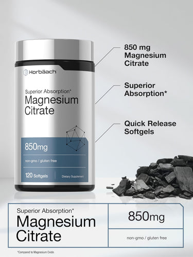 Horbäach Magnesium Citrate 850mg, 120 Softgels. Features superior absorption, quick release, non-GMO, gluten-free formula.