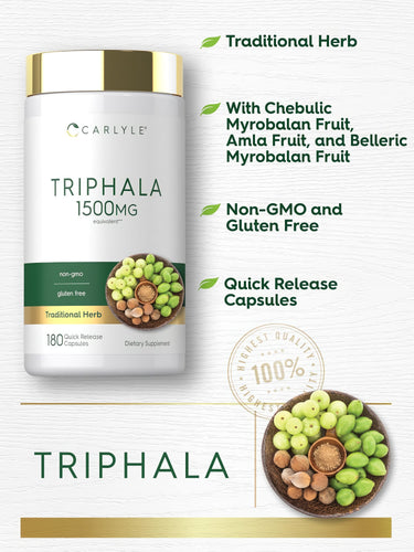 Product highlights graphic stating Traditional Herb with Chebulic, Amla, Belleric Myrobalan Fruits, Non-GMO, Gluten Free Capsules.