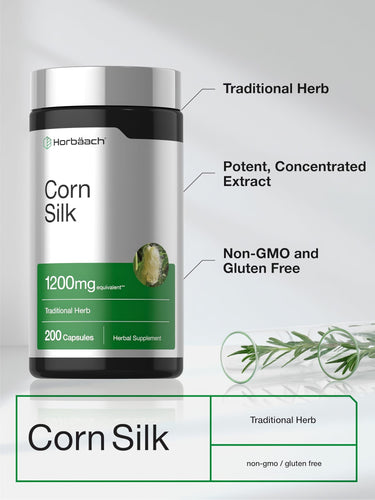 Corn Silk 1200mg equivalent, 200 Capsules. A potent, concentrated extract that is non-GMO and gluten-free. Traditional herb.
