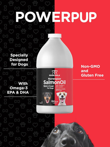 SalmonOil for Dogs 64 fl.oz (1.89 L) bottle with Omega-3 EPA & DHA, specially for dogs, non-GMO, and gluten-free.