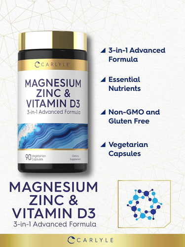 Magnesium Zinc and Vitamin D3, 3-in-1 Advanced Formula in a bottle, contains 90 Vegetarian Capsules.