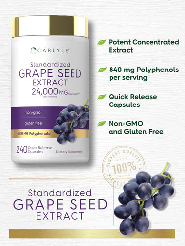 Product highlights graphic stating Potent Concentrated Extract, 840 mg Polyphenols per serving, Quick Release Capsules, Non-GMO, Gluten Free.