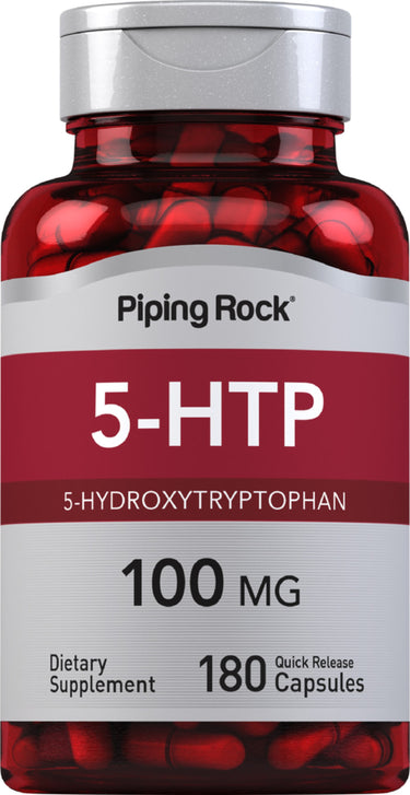 5-HTP 5-Hydroxytryptophan capsules, 100 mg, 180 quick release, dietary supplement bottle.