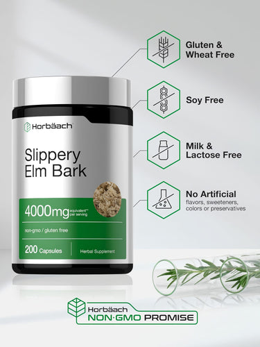 Slippery Elm Bark bottle: Gluten & Wheat Free, Soy Free, Milk & Lactose Free, No Artificial Flavors/Sweeteners/Colors/Preservatives, Non-GMO