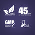 Infographic displaying finest ingredients, 45 years of manufacturing, GMP quality product, and lab-tested assurance.
