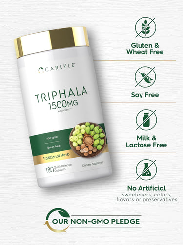 Triphala bottle with icons indicating gluten, wheat, soy, milk, lactose free; no artificial sweeteners, colors, flavors, preservatives; non-GMO.