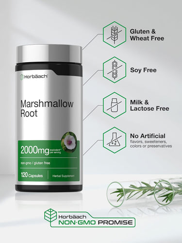 Marshmallow bottle with icons indicating Gluten & Wheat Free, Soy Free, Milk & Lactose Free, No Artificial Flavors, Non-GMO.