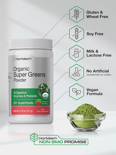 Organic Greens bottle: Gluten, Wheat, Soy, Milk, Lactose Free, No Artificial sweeteners or colors, Vegan Formula.