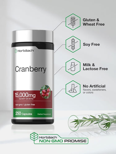 Horbäach Cranberry bottle with icons indicating it's Gluten & Wheat Free, Soy Free, Milk & Lactose Free, No Artificial Flavors.
