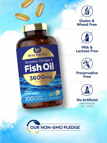 Omega-3 Fish Oil bottle with icons indicating gluten, wheat, milk, lactose, preservative free, no artificial sweeteners, non-GMO.