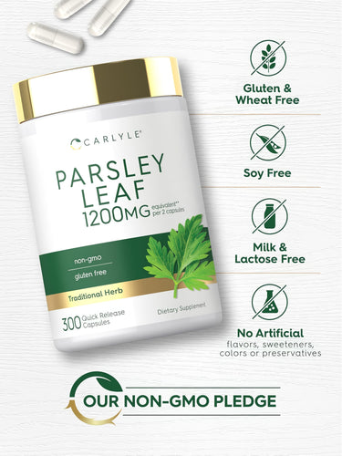 Parsley Leaf bottle with icons indicating gluten, wheat, soy, milk, lactose free, no artificial additives, and non-GMO.