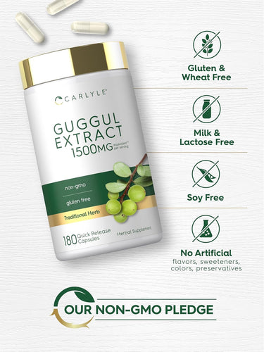 Guggul Extract bottle: Gluten & Wheat Free, Milk & Lactose Free, Soy Free, Non-GMO, No Artificial Flavors/Sweeteners/Colors/Preservatives