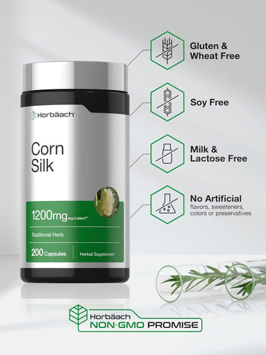Corn Silk bottle with icons indicating Gluten & Wheat Free, Soy Free, Milk & Lactose Free, No Artificial Flavor/Sweetener/Color/Preservative, Non-GMO.