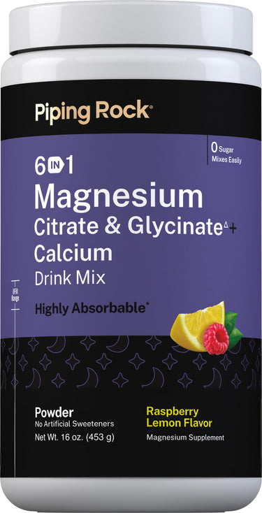 6 in 1 Magnesium Citrate & Glycinate + Calcium Drink Mix (Raspberry Lemon), 16 oz (453 g) Bottle