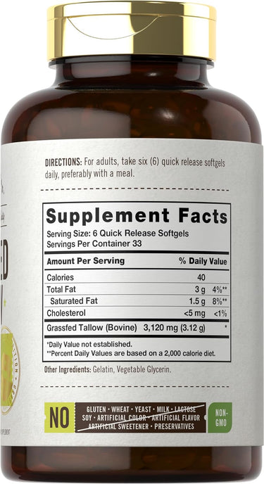 Grass Fed Beef Tallow, 3120 mg (per serving), 200 Softgels