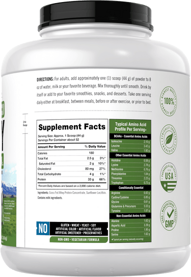 Back label / Supplement Facts and Typical Amino Acid Profile per Serving, with directions, ingredients, and quality badges.