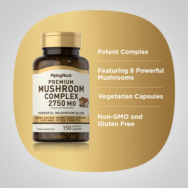 Product highlights graphic stating Potent Complex, Featuring 8 Powerful Mushrooms, Vegetarian Capsules, Non-GMO and Gluten Free.
