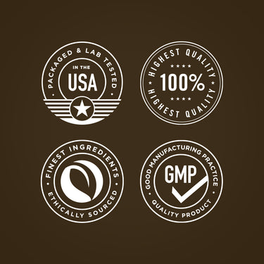 Infographic stating it is packaged and lab tested in the USA, 100% highest quality, finest ingredients, ethically sourced, GMP quality product.