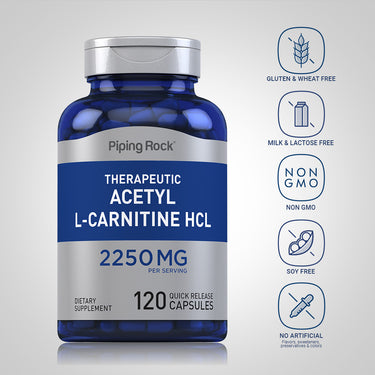 Acetyl L-Carnitine bottle with icons indicating gluten, wheat, milk, lactose, soy free, non-GMO, no artificial flavors, sweeteners, preservatives, colors.