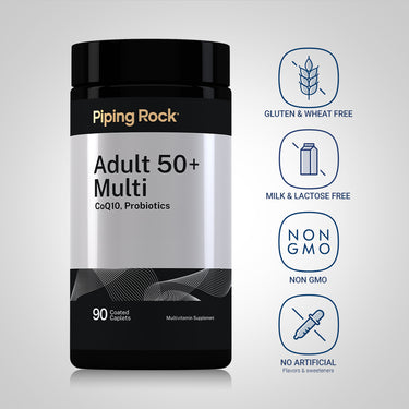 Adult 50+ Multi bottle with icons indicating Gluten & Wheat Free, Milk & Lactose Free, Non GMO, No Artificial Flavors/Sweeteners.